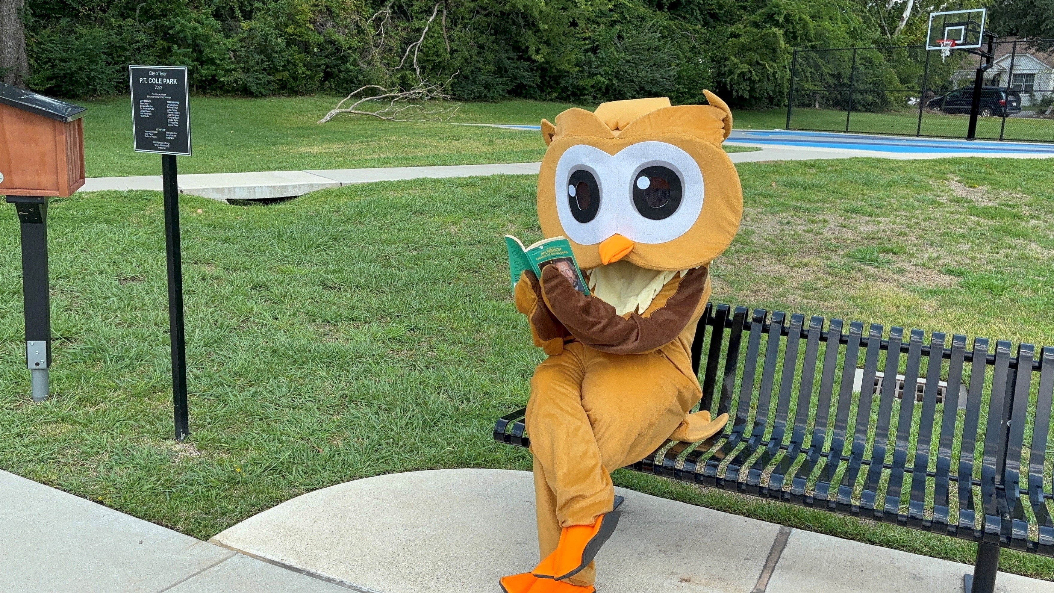 Image of the Library's mascot, Chadwick the owl, reading a book sitting on a park bench