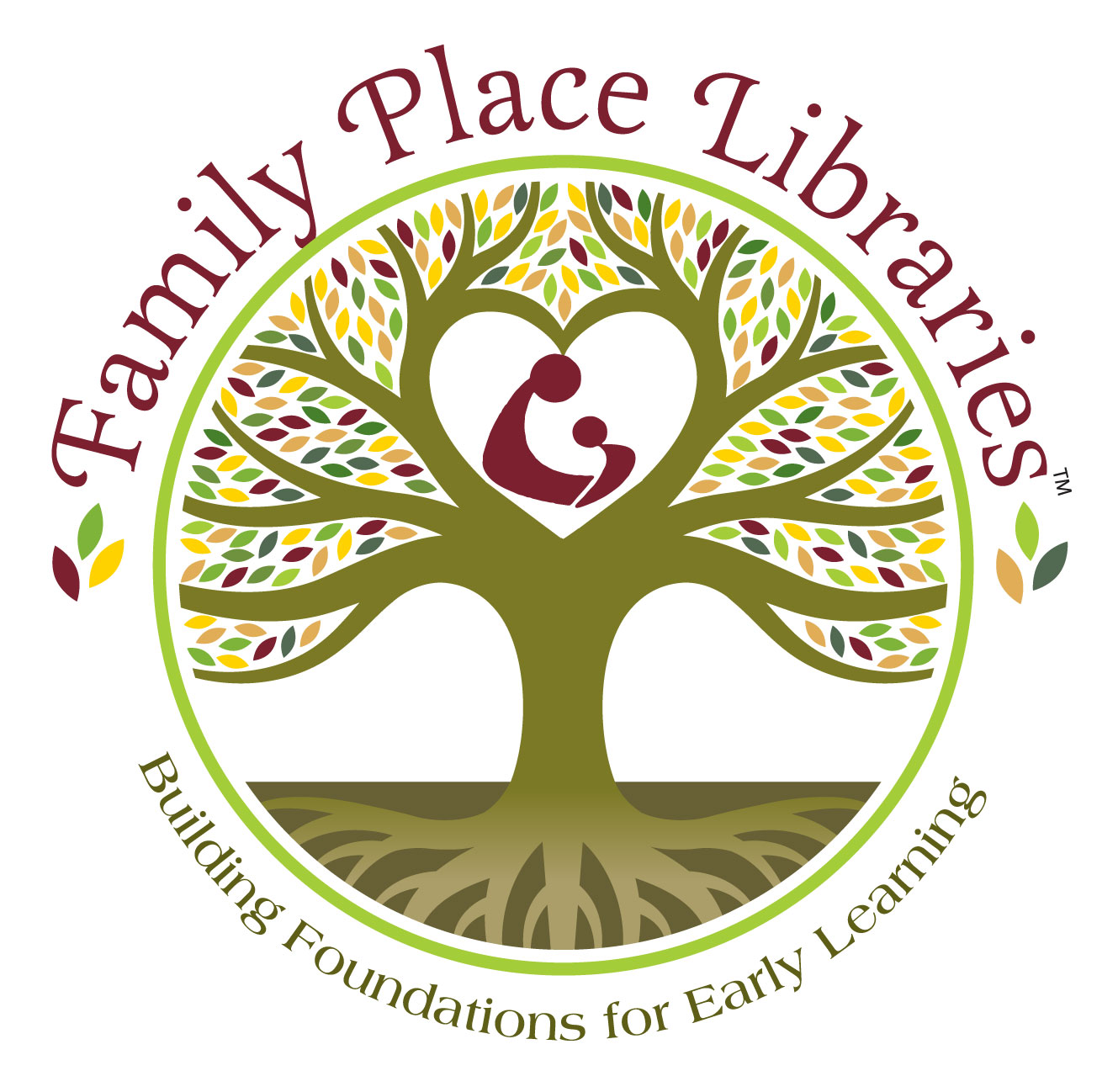 Logo for Family Place Libraries in maroon font in an arch over a tree that has a parent and child in the middle. Building Foundations for Early Learning is in green text at the bottom.
