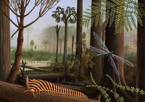 an image of an artist's illustration of what early insects may have looked like, with a giant dragonfly relative on the left and an arthropod that resembles a millipede on the right
