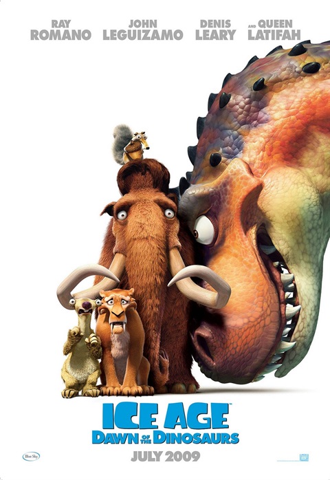 an image of a large meat-eating dinosaur pressing its head against a scared looking wooly mammoth which has a squirrel-like creature on top of the mammoth's head, a sabre-tooth tiger and three-toed sloth are to the left and slightly in front of the mammoth and also look scared