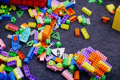 A variety of Lego-style building blocks and building accessories.