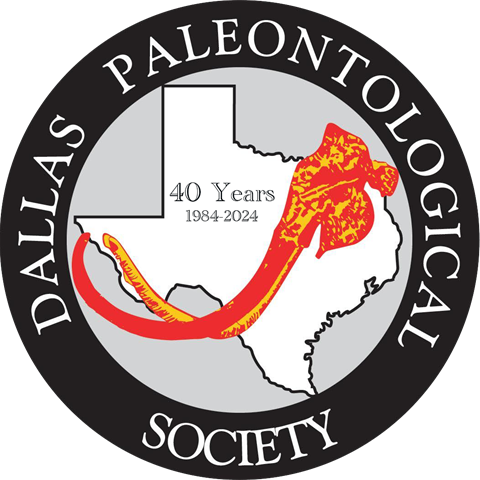 An image of the logo for the Dallas Paleontological Society, with an orange and yellow illustration of a mammoth skull over the shape of the state of Texas in light grey. To the left of the mammoth skull are the words 