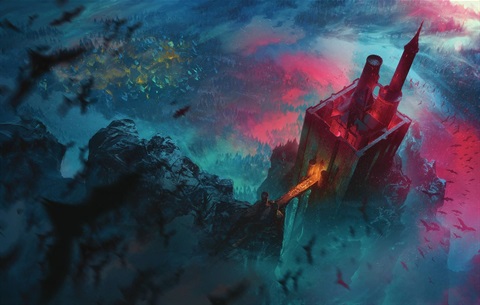 An image of a gothic castle, Ravenloft, towering over a small town. Strange lights twinkle in the towers, and a mob of angry peasants march to their doom on the drawbridge. Bats cascade away from the castle and into the night.