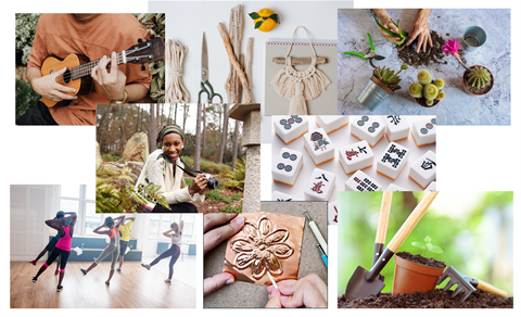 an image with white background of various hobbies (clockwise from right upper corner: a person planting succulents, white mah jong tiles, a close up of gardening tools and a potted plant, a view of hands working on embossing a copper square, a woman using a camera in the woods, a person playing guitar)
