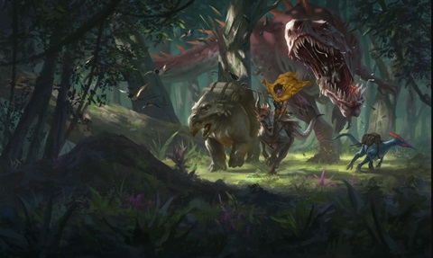 A gray, undead t-rex chases after a woman riding a dinosaur in a jungle. She has two dinosaurs carrying packs beside her, also running away.